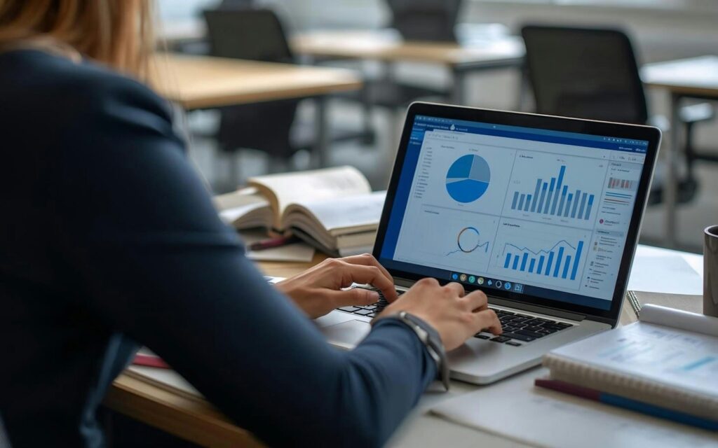 Professionista al laptop che analizza grafici e dati sugli investimenti pubblicitari
